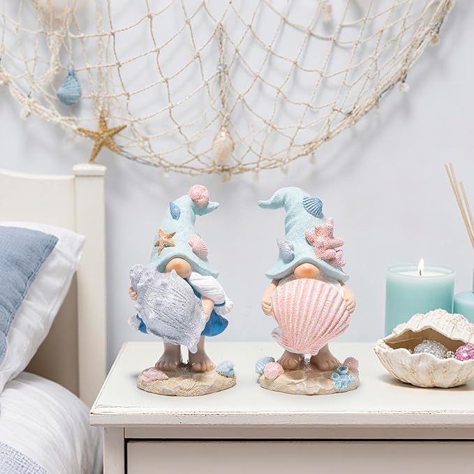 Hodao Ocean Elf Figurines with Seashell & Conch – Coastal Nautical Beach Elf Decor for Coastal Living Room, Ocean Themed Home Tabletop Decoration, Gift for Retirees & Ocean Enthusiasts (Blue-Grey)