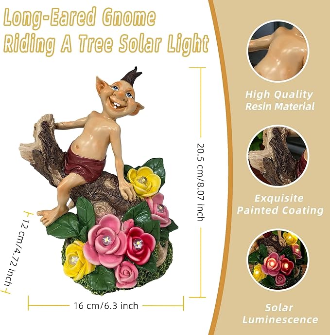 Gnome Figurine with Solar-Powered Flowers Goblin Decor Garden Gargoyle Statue for Patio Yard Balcony Housewarming Gifts for Mom Women Grandma