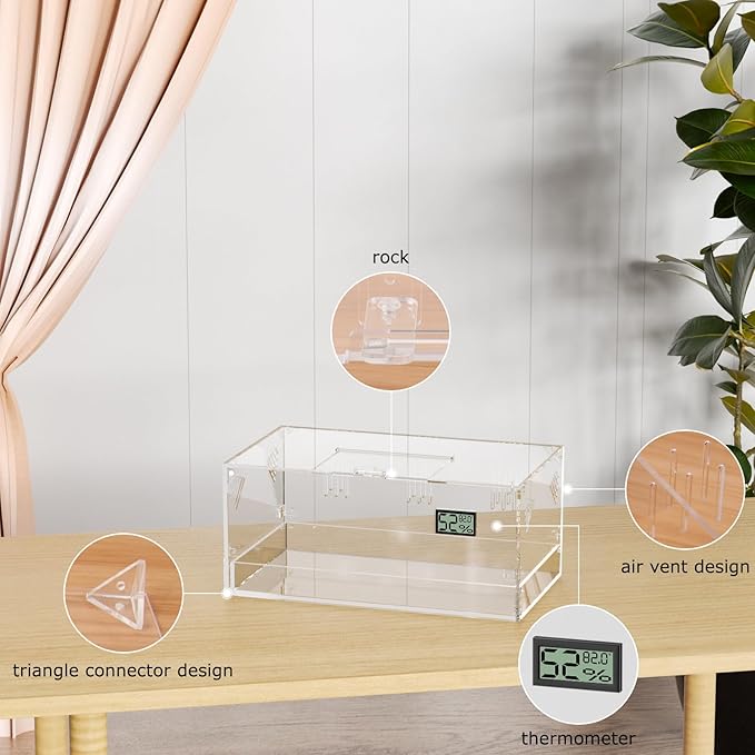Giznzg Acrylic Tarantula Enclosure, Reptile Terrarium Breeding Tank w/Temperature Hygrometer,Habitat Reptiles Feeding Box Isopod Terrarium Cage for Insect Lizard Home Office (Reptile-Tank-L(Tray))