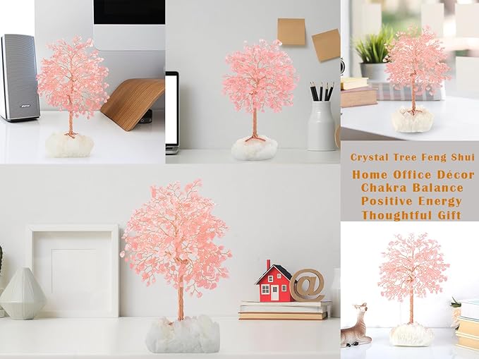 MASGEMES Gemstone Crystal Tree of Life,Natural Rose Quartz (406 Stones) with Clear Quartz Base,Chakra Balancing Positive Energy Feng Shui Home Decor Bonsai Money Tree,Birthday Gift 8.5"-9"