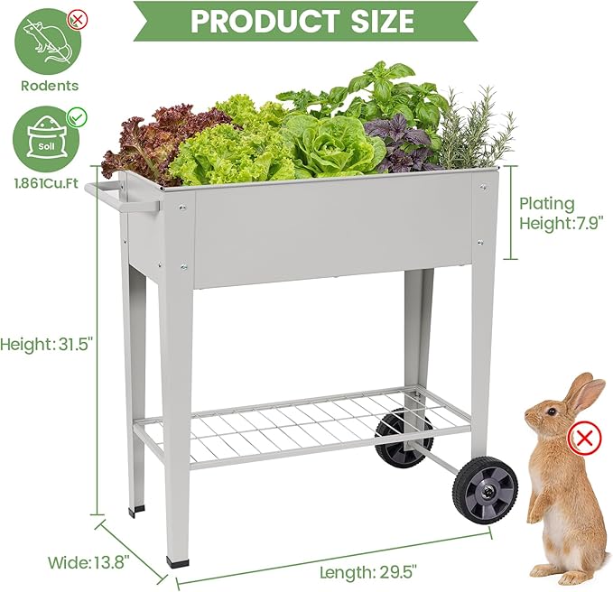 Elevated Raised Garden Bed with Legs- Galvanized Raised Beds for Gardening on Wheels, Anti-Rust Steel Planter Box with Storage Rack& Drain Hole for Backyard Patio Balcony (Grey)