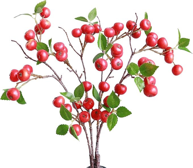 Forlaoers Realistic 4Pcs 21.6 Inch Red Artificial Berry with Stem Fake Berries Faux Fruits for Home Decor Room Table Vase Fillers Wedding Christmas Decorations Indoor Farmhouse