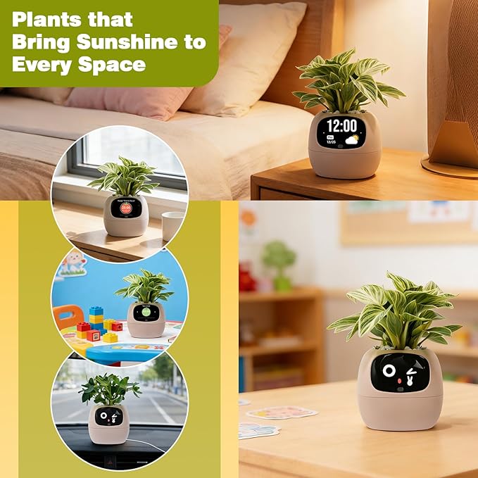 Plantsio AI Smart Pot for Plants with App Control, Self-Watering, Visual Display & 80ml Reservoir, Digital Plant Pot Supports 100+ Plants, Pomodoro Timer, Clock & Calendar,Desk & Office Planter-Pink