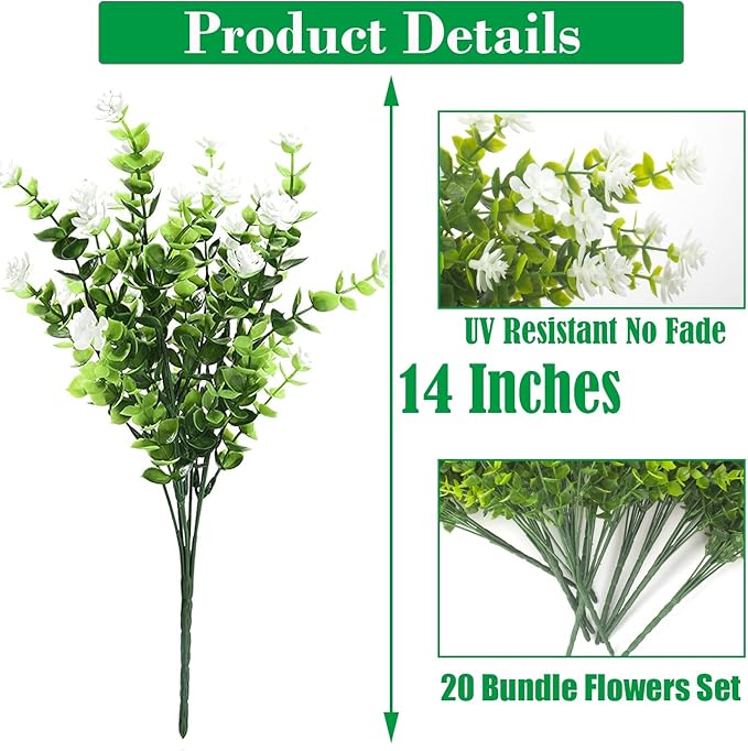 Grunyia 20 Bundles Artificial Flowers UV Resistant Fake Flowers No Fade Faux Plants Garden Porch Window Box Decorating (White)