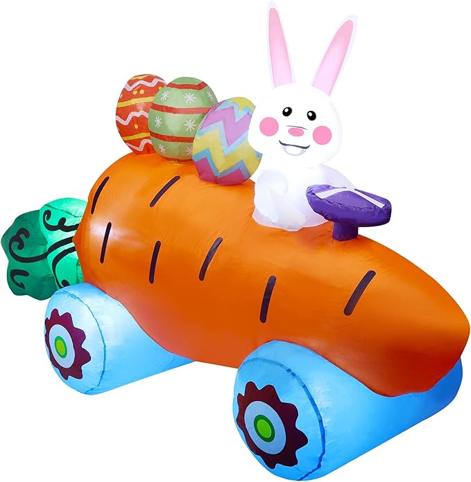 Easter Inflatables Outdoor Decorations, 6 FT Long Inflatable Bunny on Carrot Cart with Easter Eggs, Easter Blow up Yard Decorations for Indoor Outdoor Garden Lawn Holiday Party Decor