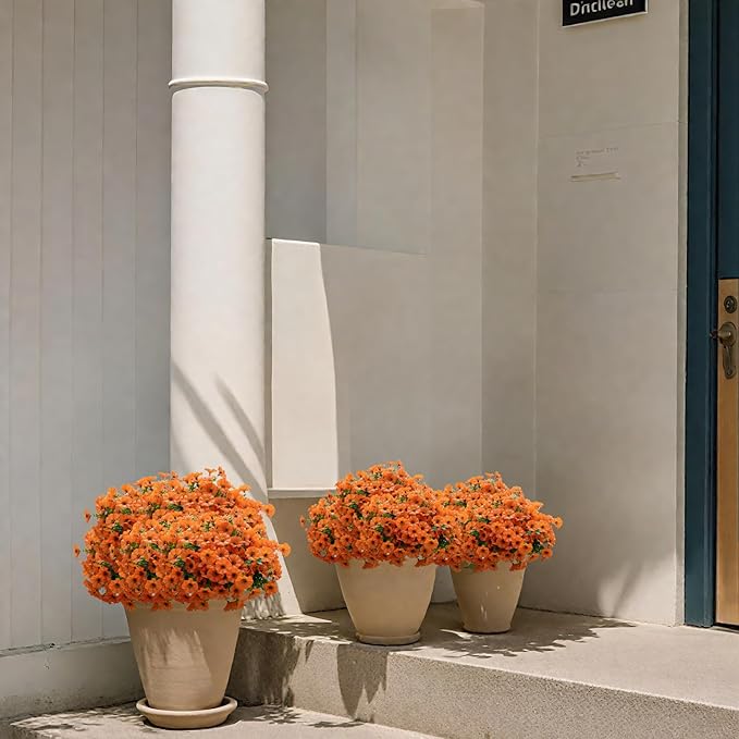 VDVST Fall Artificial Flowers for Outdoors,UV Resistant Fall Flowers Outdoor,Not-Fading Faux Fall Flowers for Outdoor Planters Front Door Porch Yard Patio Garden Home Decor,12 Bundles (Orange)