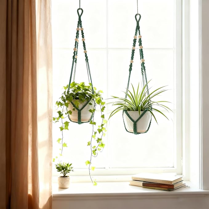 EJGIEGSO Macrame Plant Hanger,Up to 4-15 inch Pots, Wood Beads Cotton Hanging Planter Holder for Indoor Outdoor Boho Home Decor, 35 Inch, Ivory, Set of 2 (Green)