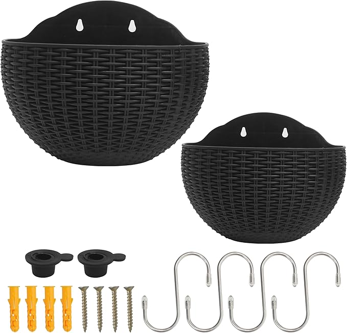 2pcs Semi Circle Hanging Wall Planter, Wall Mounted Half Round Flower Pot for Outdoor Indoor Decoration, Imitation Rattan Plastic Baskets Container with Hooks, Drainage, for Home Office Balcony Fence