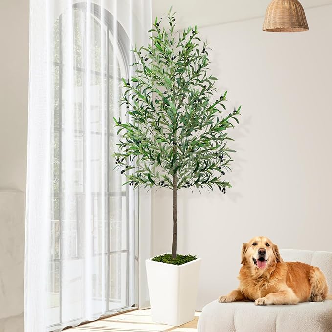 Olive Trees Artificial Indoor 7ft, 2 PCS Tall Faux Silk Plant with Pot, Realistic Leaves and Natural Wood Trunk Fake Trees with Lifelike Fruits for Home Office Decor Bedroom Livingroom Entryway