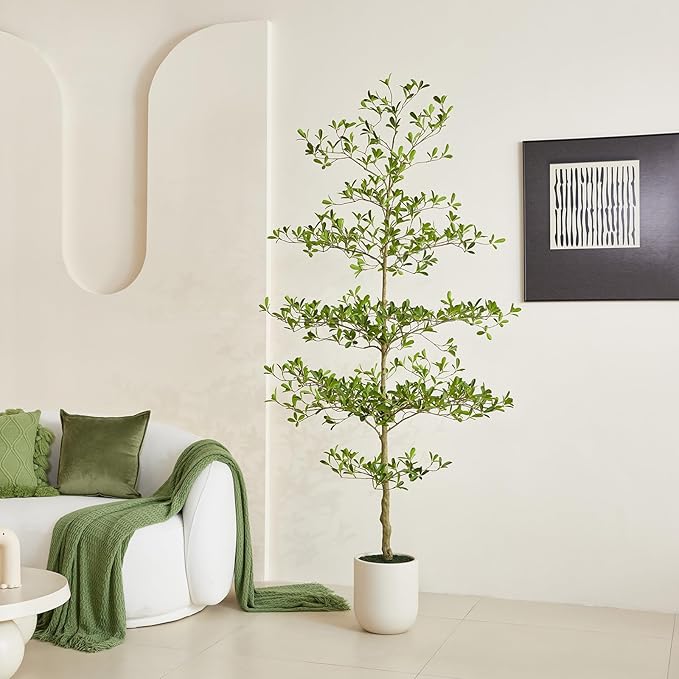 7FT Artificial Black Olive Tree Indoor with White Planter – Tall Luxury Faux Olive Tree, Mediterranean Architectural Statement Decor for Living Room & Office,VN232