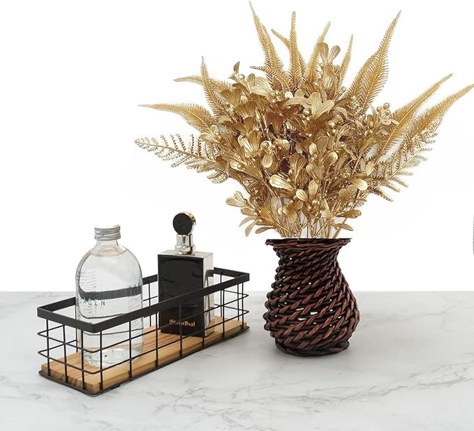 PASYOU Fake Plants Gold Flowers Bouquet Christmas Decoration, Artificial Shrubs Plastic Grass Leaves Indoor Outdoor Home Garden Party Hotel Verandah Wedding Event Faux DIY Table Decor - Golden 4 Pack
