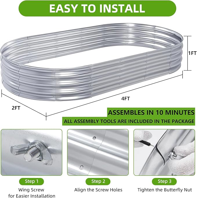 Galvanized Raised Garden Bed Kit, Planter Garden Boxes Outdoor, Oval Large Metal for Vegetables Fruits, Flowers Planter Boxes, Easy Assembly Garden Bed Kit 4x2x1 FT (1-Pack)