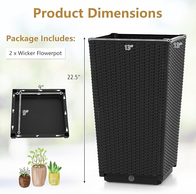 Giantex Outdoor Wicker Flower Pot Set of 2, 22.5 Inch Tall Planters with Drainage Hole, Self-Watering Tray, Rattan Flower Pots, Indoor Outdoor Planter for Porch Door Front Balcony Entryway (Black)