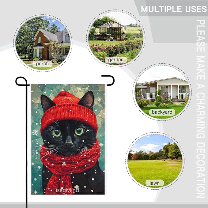 Black Cat with Red Scarf and Hat Snowflake Christmas Garden Flag, 28x40 Inch Double Sided Linen Holiday Red Winter Farmhouse Yard Outdoor Decoration (4331)