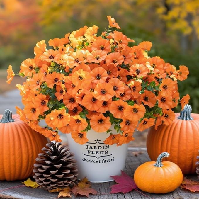 VDVST Fall Artificial Flowers for Outdoors,UV Resistant Fall Flowers Outdoor,Not-Fading Faux Fall Flowers for Outdoor Planters Front Door Porch Yard Patio Garden Home Decor,12 Bundles (Orange)