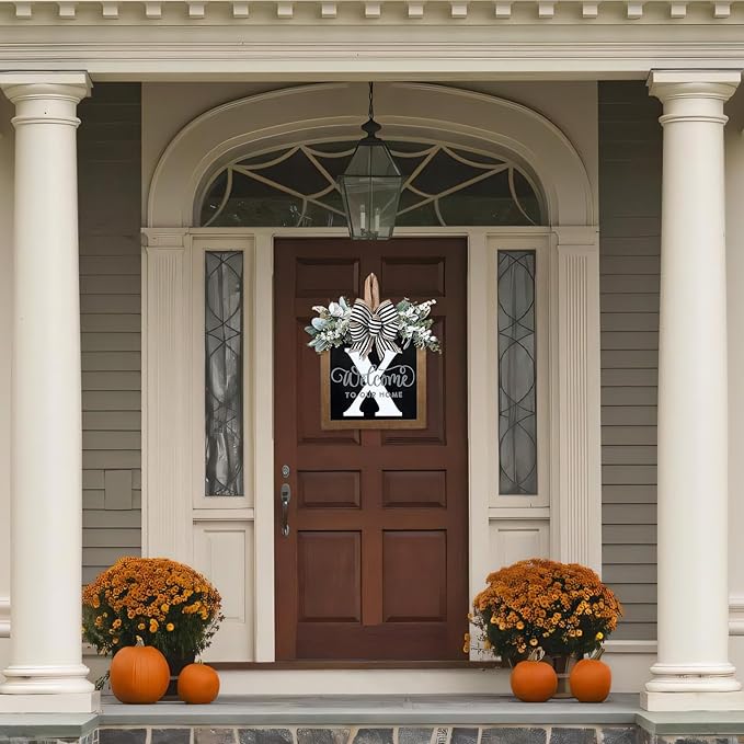 Ultra Large 14'' Last Name All Year Round Front Door Wreath with 26 Initial Letter Welcome Sign All Seasons Eucalyptus Garland and Bow Wreaths for Front Door Porch Farmhouse Decoration (X)