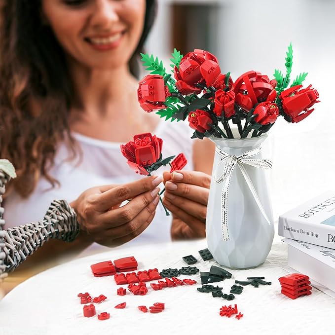 SIENON Red Rose Building Set-10pcs Roses & 2pcs Leaves Botanical Collection, Artificial Flowers for Home Décor, Rose Bouquet Building Kit for Valentine’s Day Christmas Birthday Anniversary (No Vase)