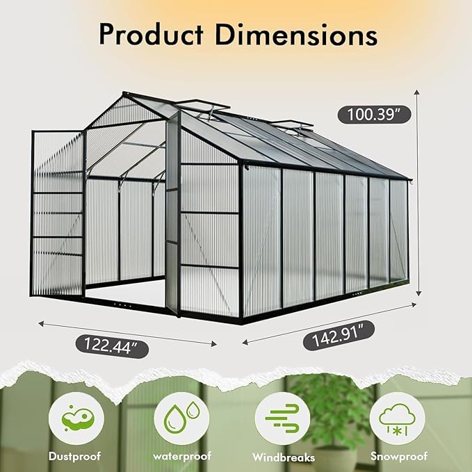 10×12FT Greenhouse for Outdoors, Large Walk in Greenhouse and Garden Planting, Green Houses for Outside with Electronic Thermometers, Withstands Strong Wind or Snow to Protect Vegetables or Plants