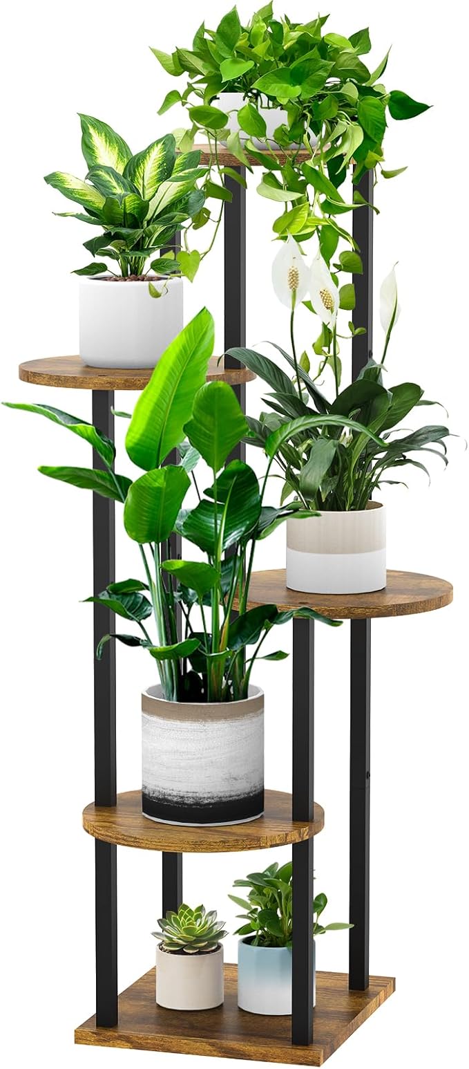 YOCOMEY 5 Tier Wood Tall Plant Stand Metal Rack Indoor, Multiple Flower Pot Holder Shelves Corner Rack, Round Planter Shelf Display Rack Storage Organizer for Patio Living Room Balcony(Black)