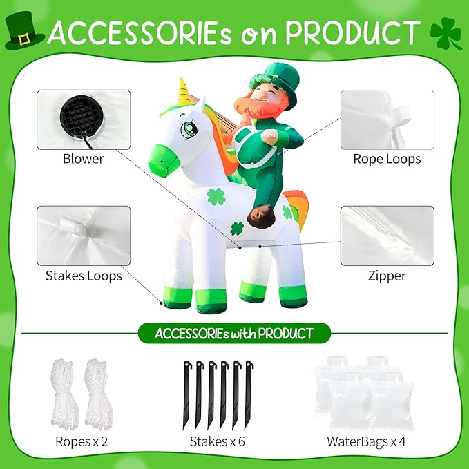 DomKom 5ft St. Patricks Day Inflatables Leprechaun Riding Unicorn Playing Guitar Blow Up LED Lighted Decor for Indoor Outdoor Lawn Yard Garden Patio Holiday Art Decor