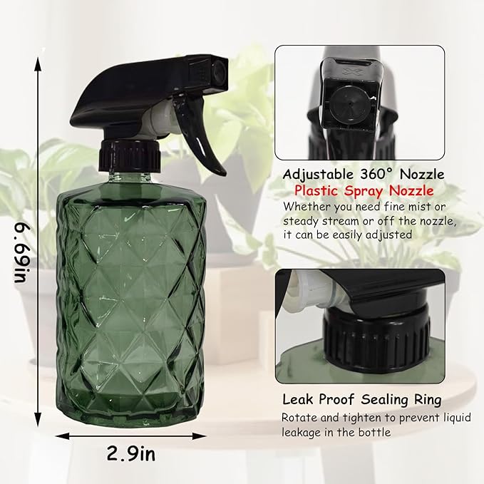Green Glass Plant Mister Bottle, 12oz Refillable Water Spray Bottle with Adjustable Mist Nozzle for Indoor Flowers, Outdoor Gardening, Cleaning, Hair and Pets Care