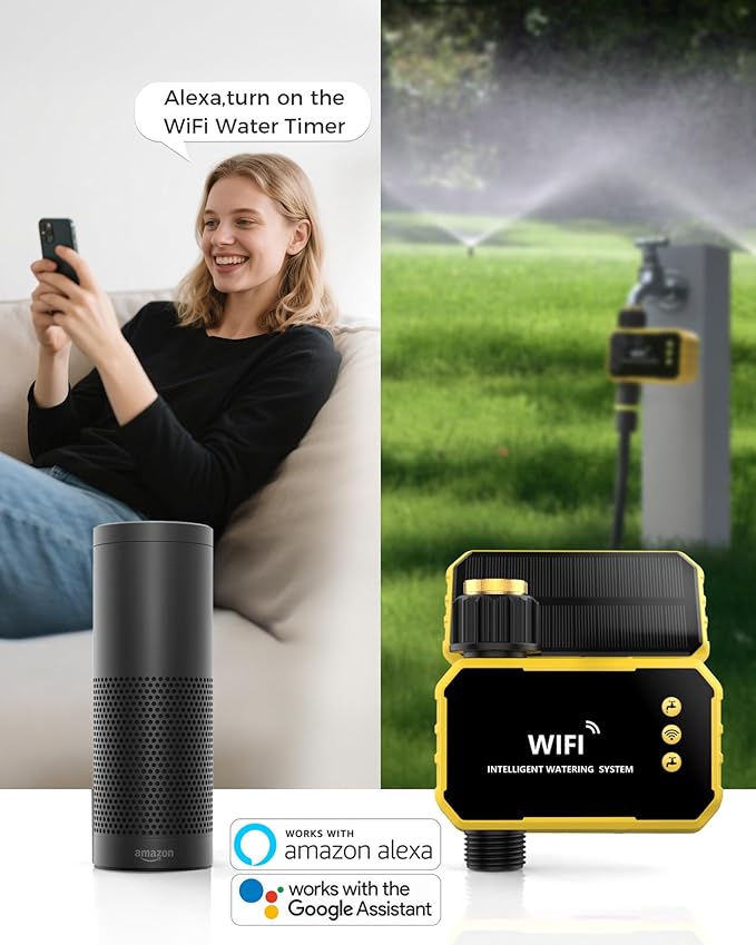 WiFi Sprinkler Timer with Brass Inlet, Smart Solar WiFi Water Timer for Garden Hose No Need Hub, Rain Delay/Auto/Manual Override, Alexa/Google Assistant Compatible, APP Remote Control via 2.4Ghz WiFi