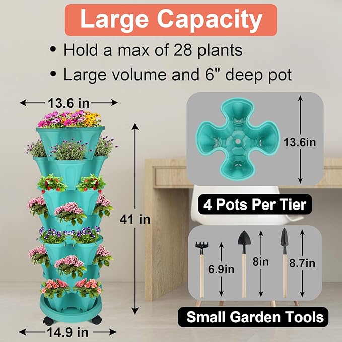 DUNCHATY Stackable Planter, Vertical Garden Planter with Wheels and Tools, Self Watering Strawberry Planter Indoor/Outdoor 7 Tier Herb Planter Pots for Growing Vegetables and Succulents, Teal