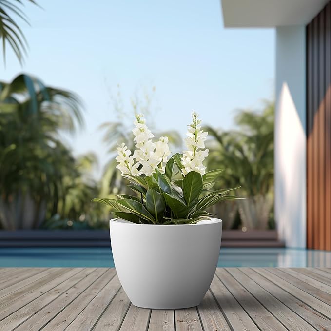 Kante 17.3 Inch Round Concrete Planter - Classic Large Indoor/Outdoor Plant Pot with Drainage Hole and Rubber Plug, Suitable for Gardens and Patios, White