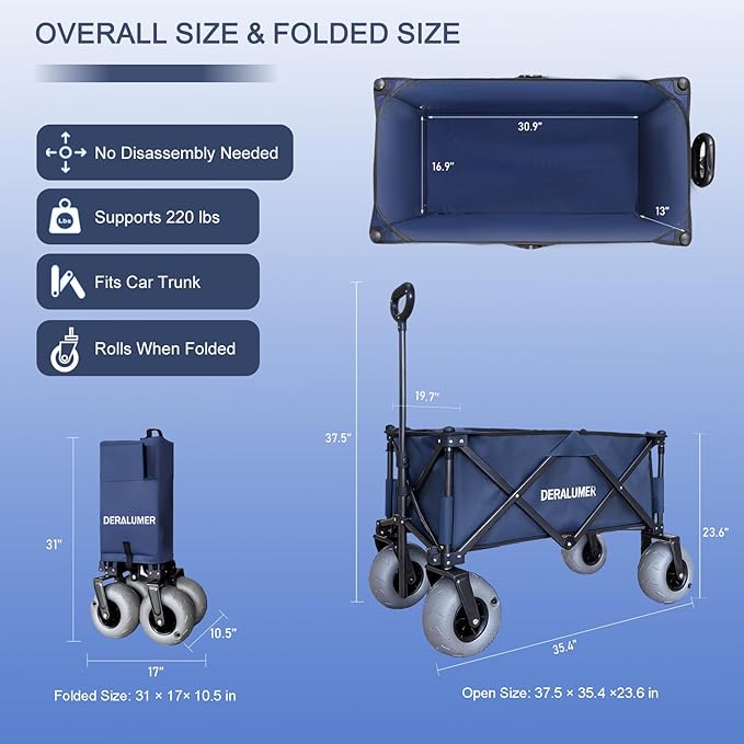 Beach Wagon with Big Wheels for Sand, 35"L Heavy Duty Folding Beach Wagon with 9×4" Balloon Tires, All Terrain Utility Cart for Garden, Sports, Camping, Outdoor (SandRover X800-B,Navy Blue)