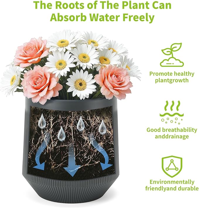 Yaghpy Plant Pots，Set of 3 Plastic Pots for Indoor Plants,Flower Pots Outdoor Planters with Drainage Hole and Seamless Saucer,Gray