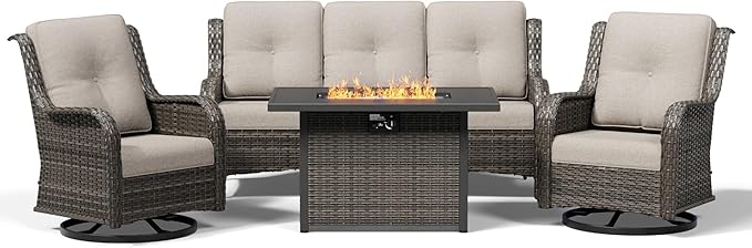 Joyside 4 Piece Wicker Patio Furniture Set with Fire Pit Table, Outdoor Swivel Rocker Patio Chairs with High Back, Deep Seating, Wide Armrest, Thickened Cushions, Outdoor Furniture for Deck, Porch Use