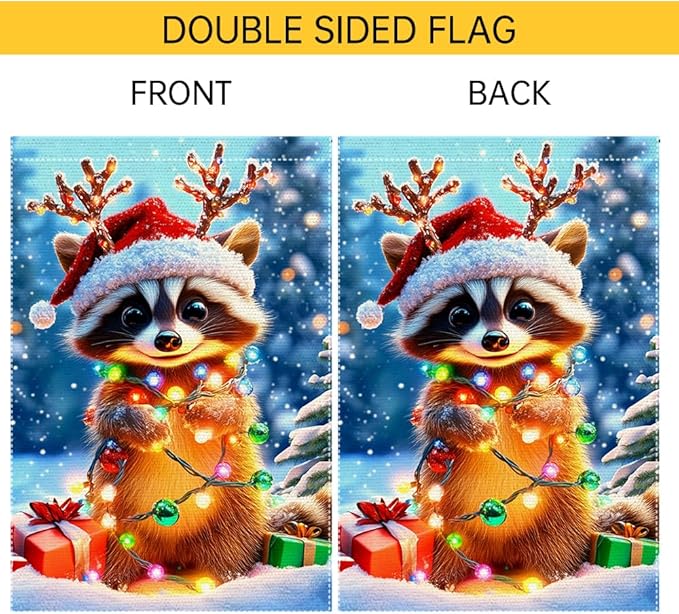 Christmas Garden Flag 12x18 Inch Double Sided Burlap Raccoon with Santa Hat and Lights Cute Winter Outdoor Yard Decoration for Holiday Porch Lawn Farmhouse Decor