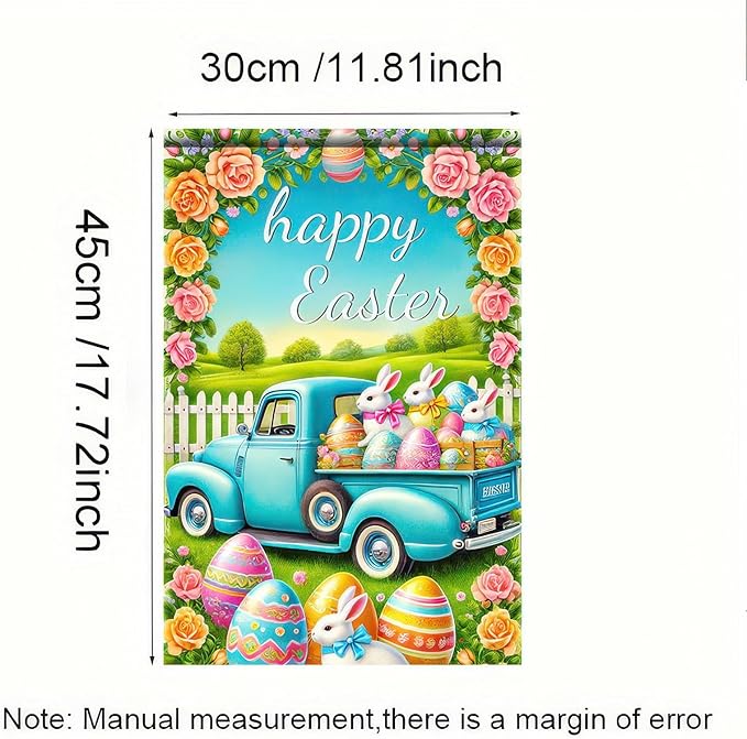 Happy Easter Garden Flag Cute Bunny Truck Yard Flag 12x18 Inch Double Sided Happy Easter Eggs Outdoor Decoration Welcome Easter Outdoor Decoration Spring Farmhouse Holiday