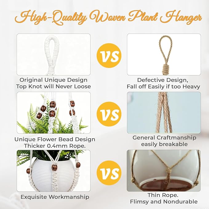 HOREAKHJ 35 Inch Macrame Plant Hanger, Large for up to 15 Inch Pot Extra Long Hanging Planter Holder Basket with Wood Beads for Indoor Outdoor Home Decor (Ivory, 2-Pack)