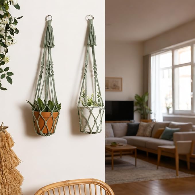 Artilady Macrame Hanging Planter for Indoor Plants, Boho Woven Plant Hanger Large Hanging Flower Pot Holders Outdoor Baskets Storage No Tassels Sage Green Wall Decor (Sage Green)