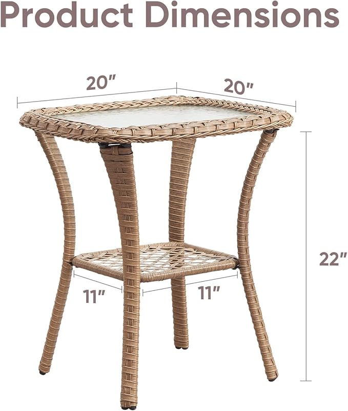 Patio Wicker Side Table, Outdoor PE Rattan End Table with 5mm Tempered Glass Top and 2-Tier Storage Shelf, 20" Square Coffee Table for Deck Porch Garden Backyard-Yellow Wicker