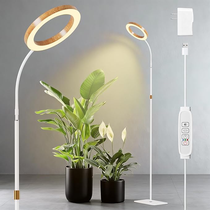 LPMZMBL One Head Grow Light for Indoor Plants Full Spectrum - Floor Standing Plant Lamp with Auto Timer 6/12/18H, 5-Level Dimmable & Adjustable Height 16.5-68in for Large Tall Plants |Faux Wood Design