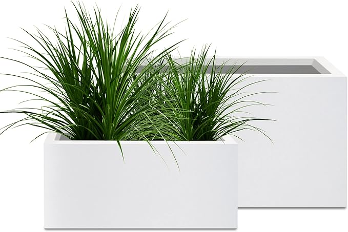 Kante 31.4" and 23.6" L Rectangular Concrete Planters (Set of 2), Outdoor Indoor Modern Plant Pot with Drainage Hole and Rubber Plug for Garden, Patio, Pure White Finish