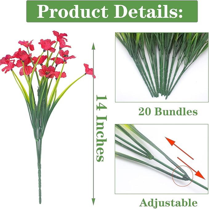 Grunyia 20 Bundles Artificial Flowers Outdoor UV Resistant Fake Flowers (Red)