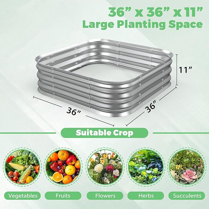 Galvanized Raised Garden Bed, 3x3x1ft Garden Planter Bed Outdoor, Heavy Duty Rustproof Steel Raised Bed Kit for Gardening Vegetables Fruits Flowers Grow, Silver