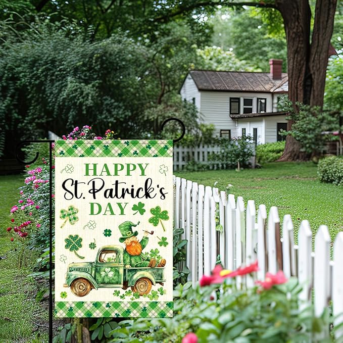 Happy St Patricks Day Garden Flag 12x18 Inch Double Sided,Leprechaun Shamrocks Truck Buffalo Plaid Outdoor Irish Decor House Porch Flag for St Patrick's Day Party and Yard Decorations