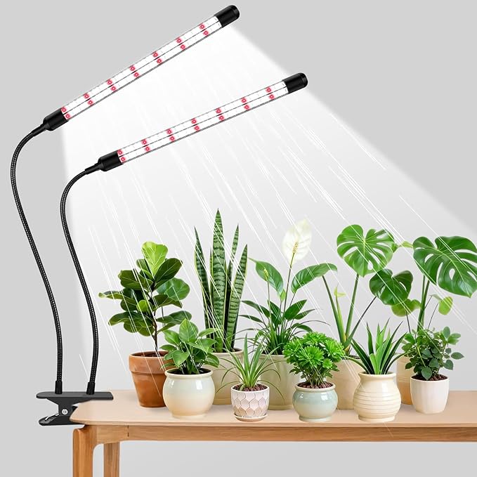 LPMZMBL 2 Head Grow Lights for Seed Starting, Full Spectrum Grow Lights for Indoor Plants with 6/12/18H Timer, V-Shaped Design Light, 5 Dimmable Level, Plant Lamp Clip-on Desk for Indoor Plant Growing