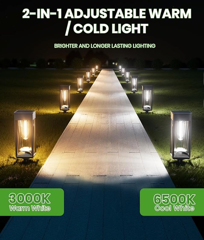 BITPOTT Solar Lights Outdoor, 2-in-1 Warm&Cool, 2 Pack Bright Solar Pathway Lights Waterproof IP65, Long Lasting Solar Path Light for Yard, Patio, Lawn, Garden, Landscape Decoration Lighting