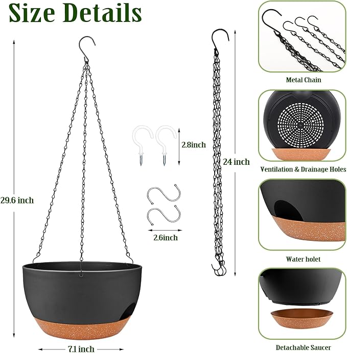 Lucieblessdesign Hanging Planters for Outdoor Indoor Plants, 2 Pack 12 Inch Hanging Basket Plants Outdoor, Self Watering Hanging Planter with Plant Hanger for Garden Home Decoration (Black)
