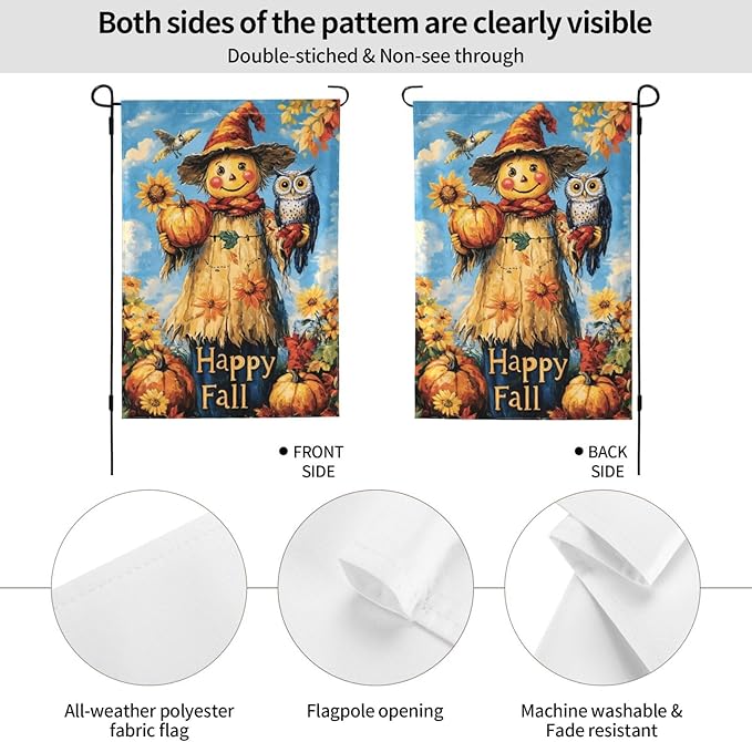 Happy Fall Garden Flag 12x18 Inch Double Sided All-Weather Polyester Outdoor Flag For Patio Lawn Yard And Garden Welcome Decor