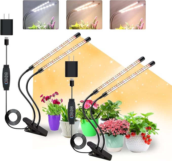 GROWSTAR Plant Lights for Indoor Growing, Full Spectrum 4 Heads Clip Grow Lamps with 10 Feet Cables for Seeding Blooming and Fruiting(2 Pack)