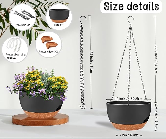 zople 2 Pack 12 Inch Large Hanging Planters with Chains Self Watering Black Brown Plastic Hanging Pots for Indoor Outdoor Plants, Garden Porch Home Decor，Black Brown