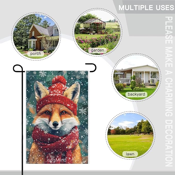 Fox with Red Scarf and Hat Snowflake Christmas Garden Flag, 28x40 Inch Double Sided Linen Holiday Red Winter Farmhouse Yard Outdoor Decoration (4324)