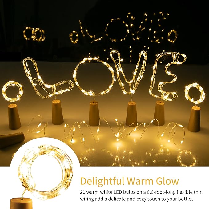 Brightown Wine Bottle Lights with Cork, 10 Pack 20 LED Waterproof Battery Operated Cork Lights, Silver Wire Mini Fairy Lights for Liquor Bottles DIY Party Bar Christmas Wedding Décor