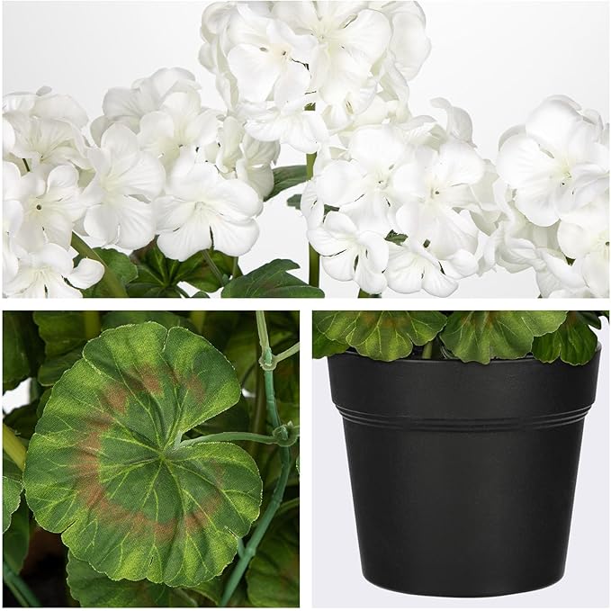 Briful Artificial Geranium Potted Plant – 16” Tall, Realistic Silk Flowers with Vibrant Green Leaves, White Geraniums Fake Flowers for Outdoors Home Décor, Wedding Farmhouse Office Tables Decor